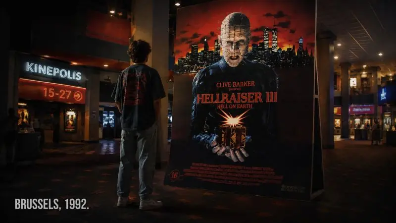 A young cinema visitor facing a Hellraiser III display in Brussels in 1992
