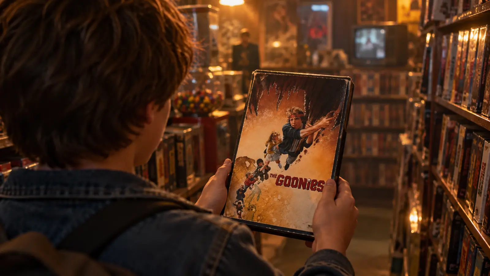 A child studying a VHS cover between videostore shelves